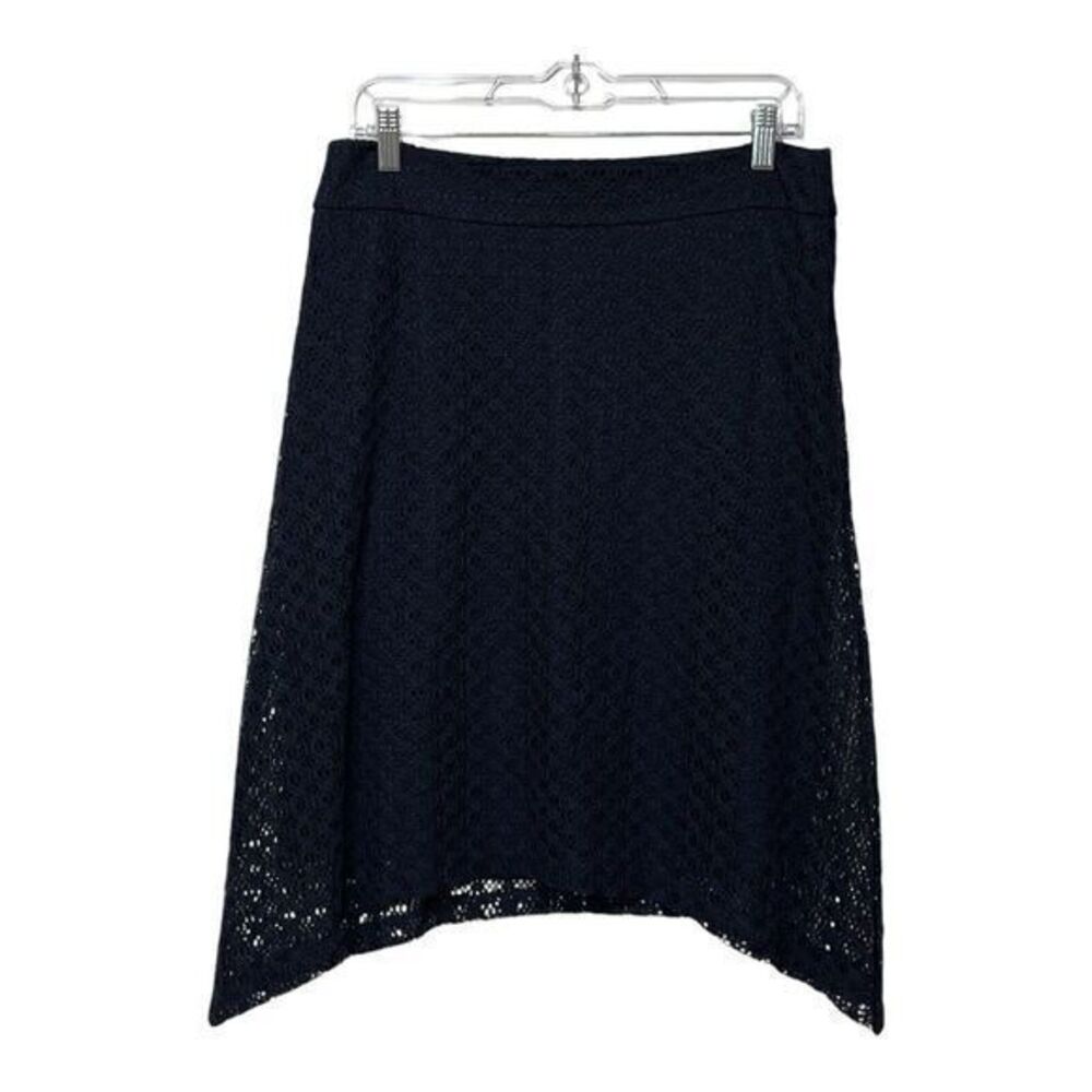 Cato Womens Midi A Line Asymmetrical Skirt Size 8 Navy Crochet Lined Stretch Zip